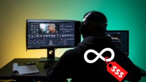 video editor seen from the back sitting in front of a screen with video editing software open. it is overlaid with an infinity symbol and a price tag, symbolizing unlimited video editing