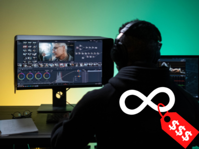 video editor seen from the back sitting in front of a screen with video editing software open. it is overlaid with an infinity symbol and a price tag, symbolizing unlimited video editing