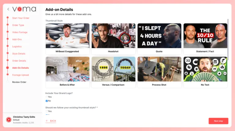 a step of tasty edit's video order process, showing a selection of thumbnail styles from extremely exaggerated to a text quote