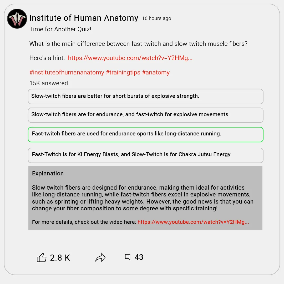 community quiz post by IOHA, about the main difference between slow- and fast-twitch muscle fibers