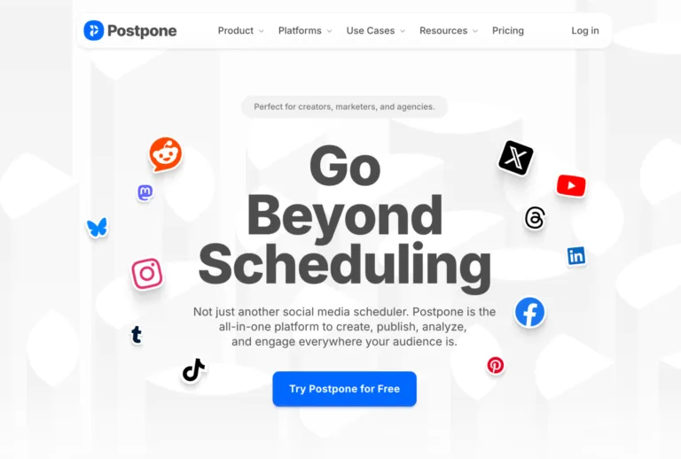 homepage screenshot of postpone, a social media scheduler and management suite