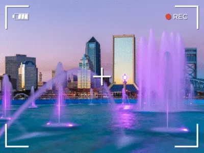 skyline of jacksonville overlaid with a camera viewfinder