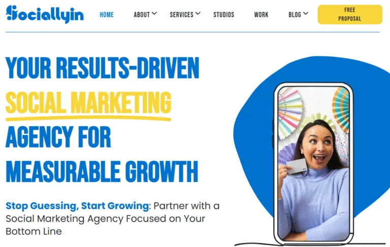 homepage of sociallyin, pronounced 'socially in'. The title reads 'your results-driven social marketing agency for measurable growth', in electric blue and yellow.