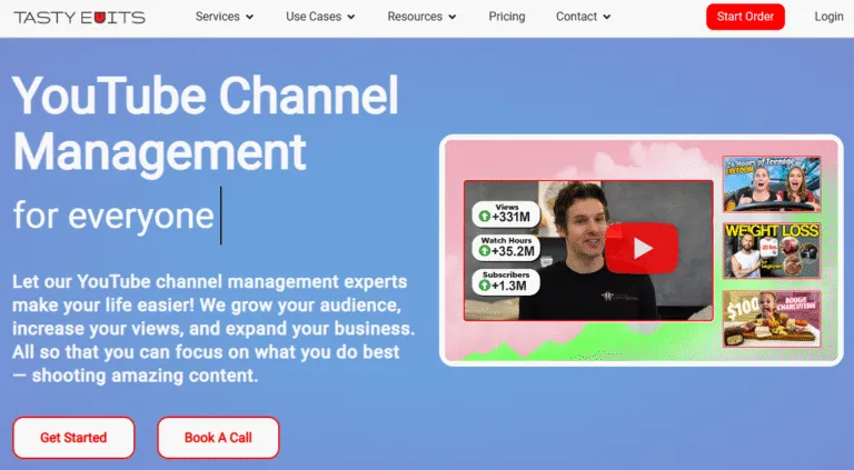 homepage of tasty edits, a video editing and youtube channel marketing service oriented towards individual creators and small businesses