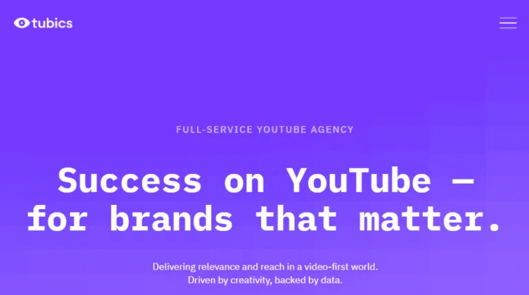 homepage of tubics, a youtube marketing agency. the title reads 'success on youtube – for brands that matter' in a monospace font