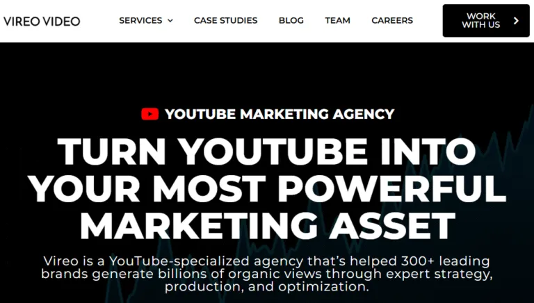 homepage of vireo video, a youtube marketing agency, with the main text reading 'turn youtube into your most powerful marketing asset'