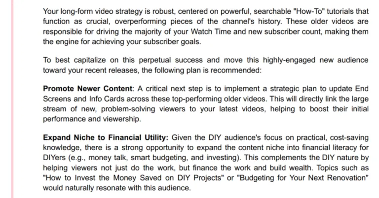 text extract from a monthly tasty edits youtube consulting report
