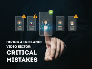 finger selecting one video editor profile card with five stars from several others with warning signs