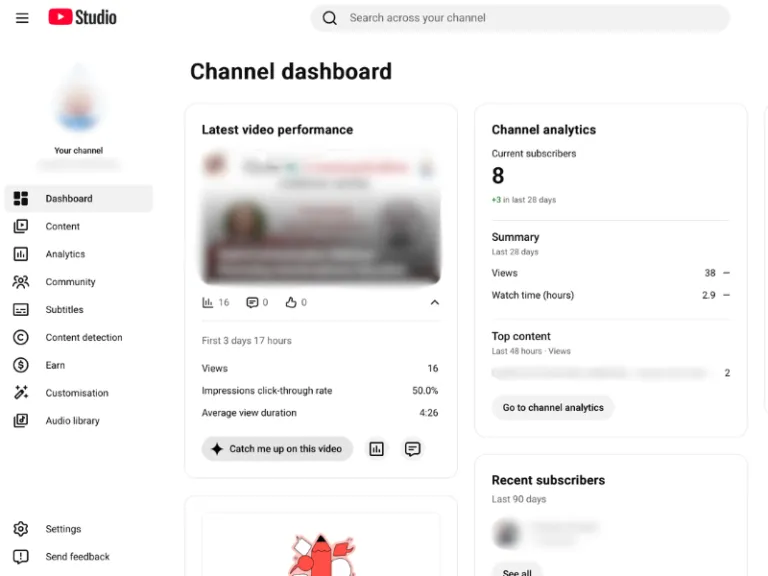 screenshot of YouTube Studio's dashboard, with statistics of the latest video and other channel metrics. the settings button is at the bottom left.