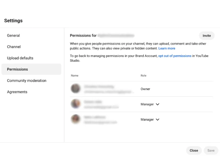 The YouTube Permission settings screen, showing three accounts already attached to this channel. The invite button is at the top right.