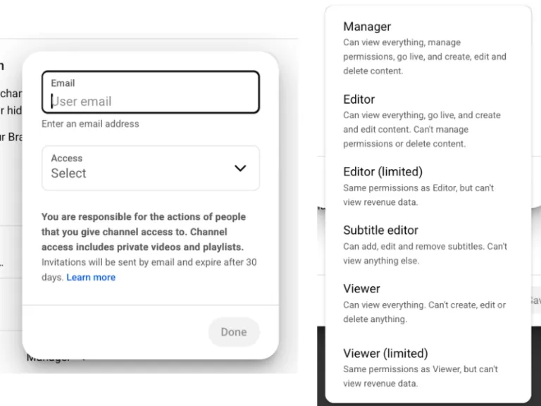 on the left, the invite form with its email field and access level selector. on the right, the list of possible roles: manager, editor, editor (limited), subtitle editor, viewer and viewer (limited).