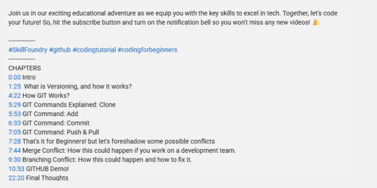 skillfoundry video description with line of tags and timestamped chapters at the end