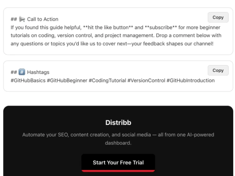 The call to action and hashtags suggested by Distribb, and their own signup button.
