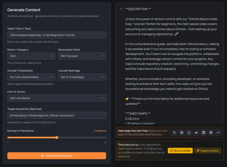 screenshot of navio youtube description generator tool with output